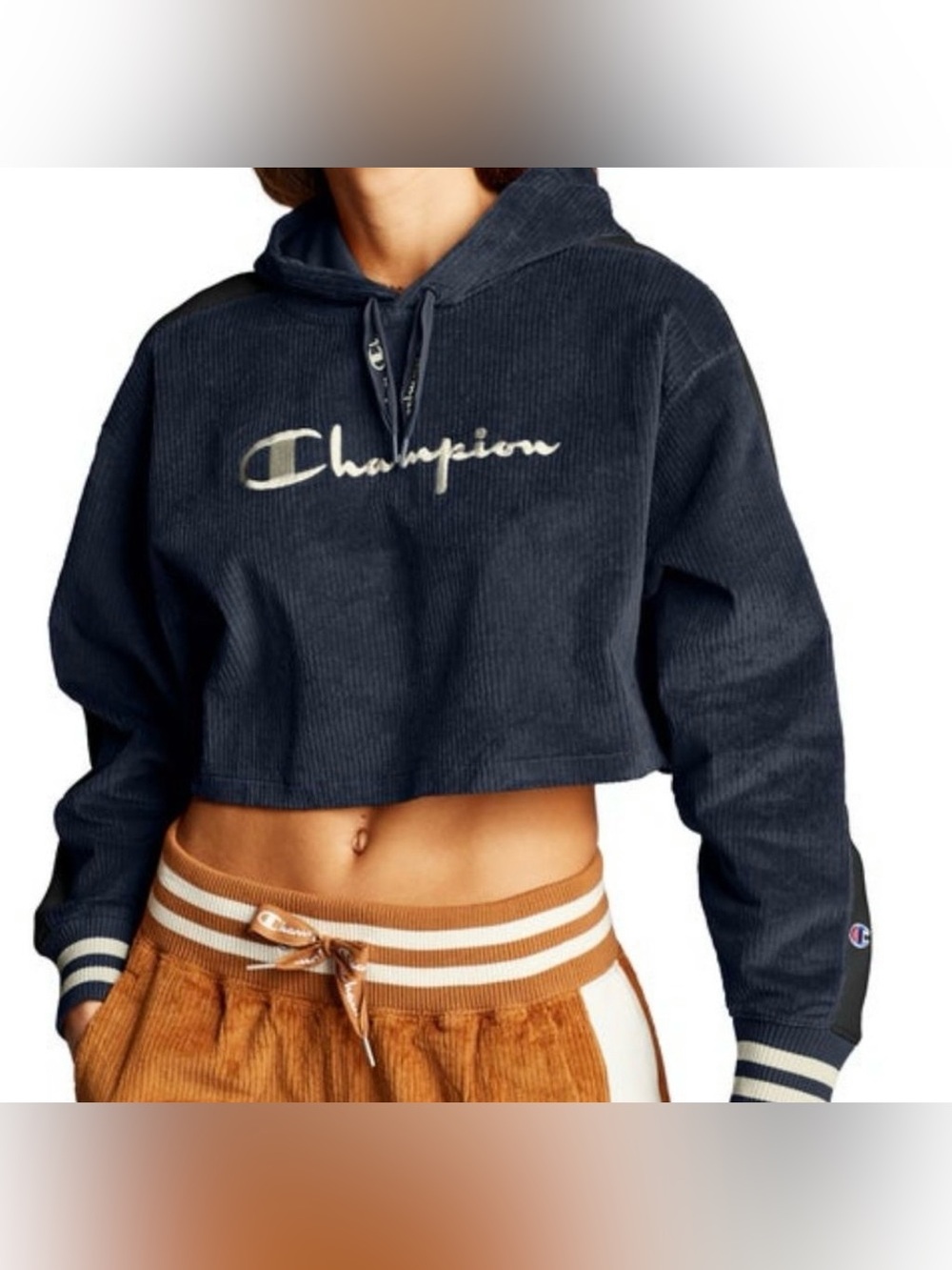 Champion Reverse Weave Blue Corduroy Cropped Hoodie Sweatshirt Small